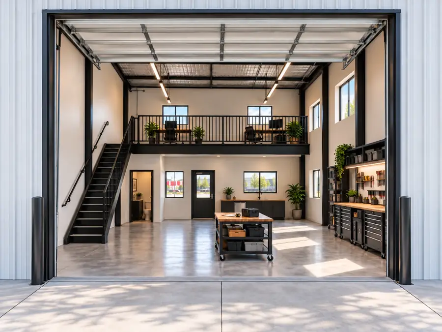 Rendering of a flex bay with the roll-up door open: shop floor, steel stair to the mezzanine office, kitchenette, private restroom and bench wall