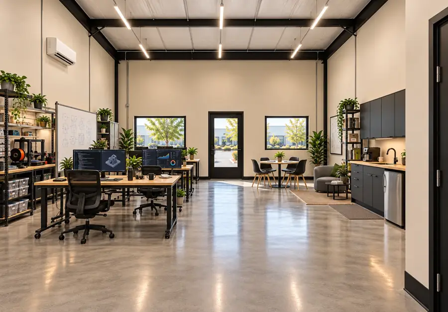 Rendering of a bay fitted out as a maker studio: workbenches with monitors, a 3D printer on the shelving, a small meeting table by the storefront