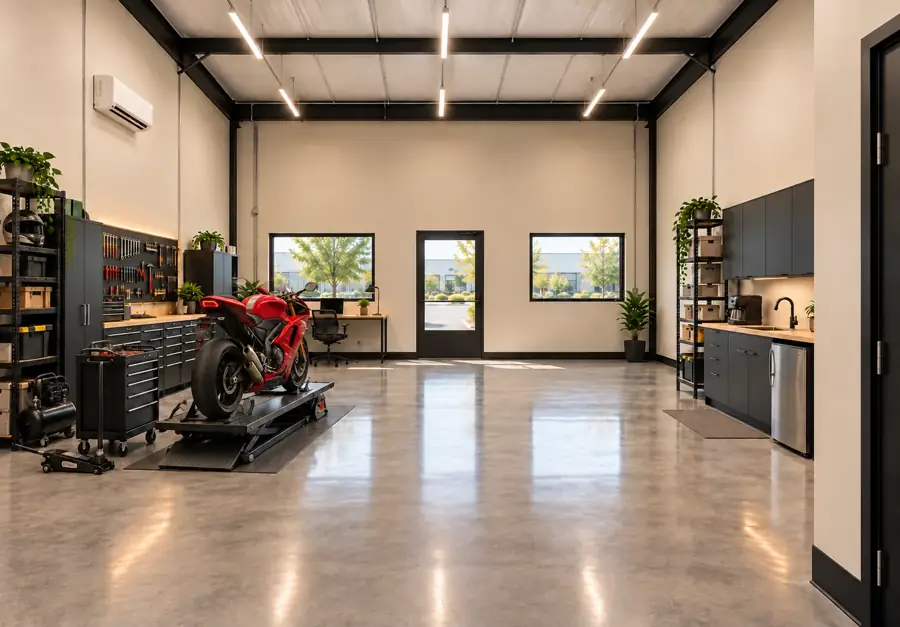Rendering of a bay fitted out as a motorcycle shop: a sport bike on a lift, tool chests and a compressor along the wall, a desk by the window