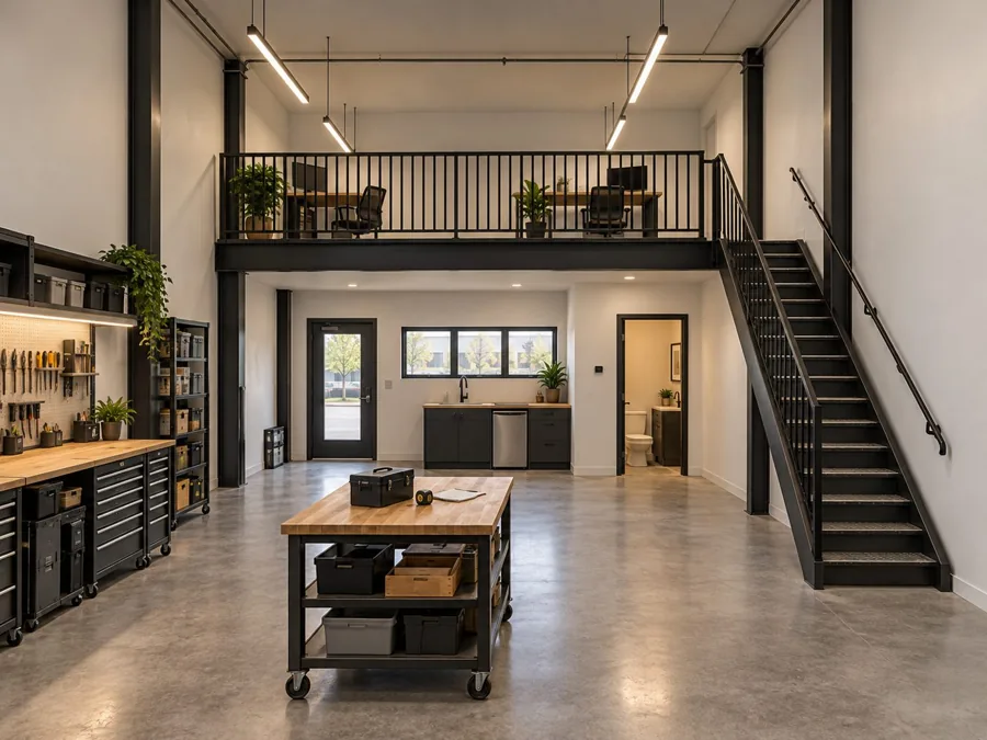 Rendering of the flex suite interior with workbenches, steel stair and mezzanine office